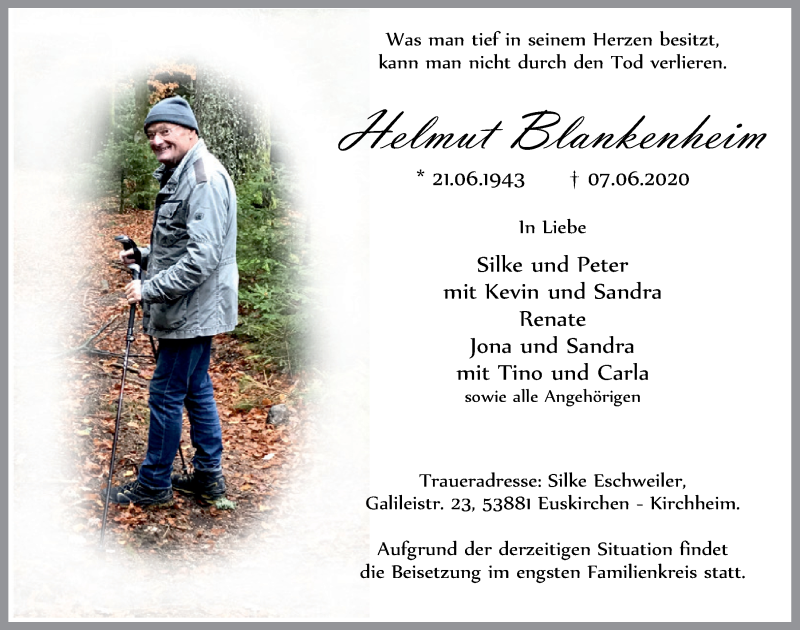  Traueranzeige für Helmut Blankenheim vom 20.06.2020 aus  Blickpunkt Euskirchen 