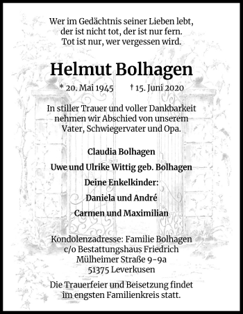 Anzeige von Helmut Bolhagen von Kölner Stadt-Anzeiger / Kölnische Rundschau / Express