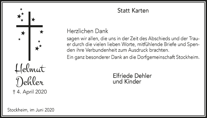  Traueranzeige für Helmut Dehler vom 12.06.2020 aus  Lokalanzeiger 