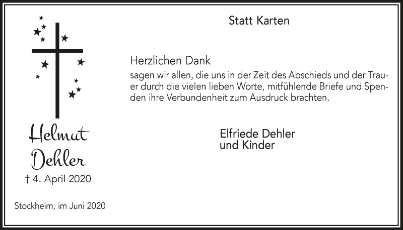  Traueranzeige für Helmut Dehler vom 12.06.2020 aus  Anzeigen Echo 