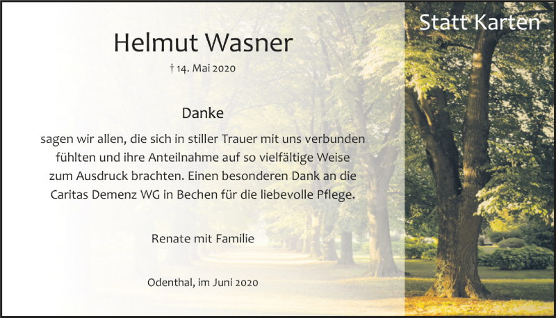  Traueranzeige für Helmut Wasner vom 19.06.2020 aus  Bergisches Handelsblatt 