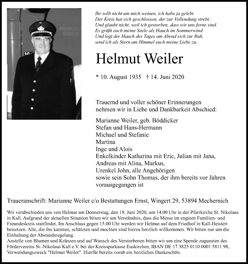  Traueranzeige für Helmut Weiler vom 16.06.2020 aus Kölner Stadt-Anzeiger / Kölnische Rundschau / Express