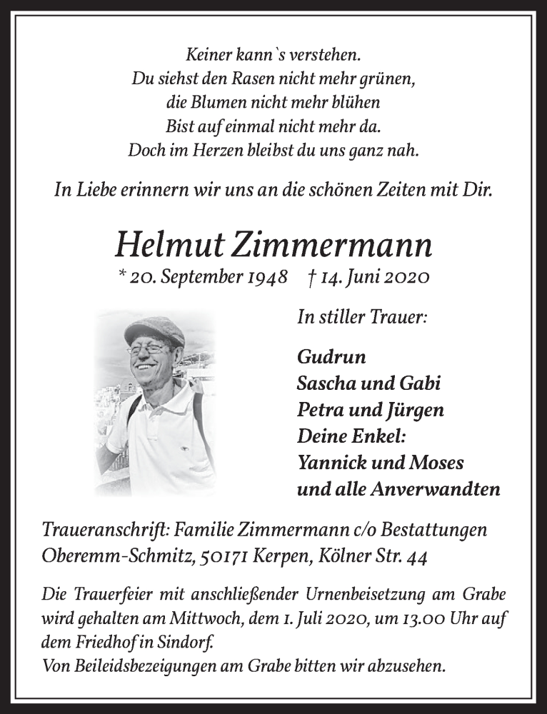  Traueranzeige für Helmut Zimmermann vom 26.06.2020 aus  Werbepost 