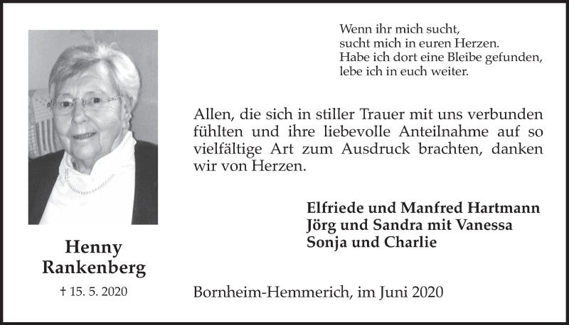  Traueranzeige für Henny Rankenberg vom 12.06.2020 aus  Schaufenster/Blickpunkt 