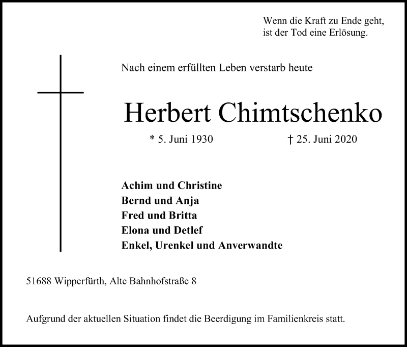  Traueranzeige für Herbert Chimtschenko vom 27.06.2020 aus Kölner Stadt-Anzeiger / Kölnische Rundschau / Express