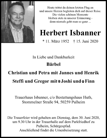 Anzeige von Herbert Isbanner von Kölner Stadt-Anzeiger / Kölnische Rundschau / Express