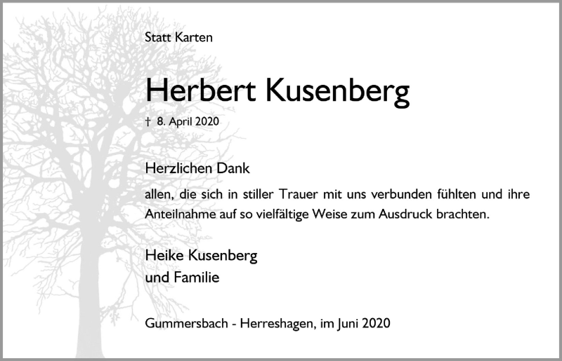  Traueranzeige für Herbert Kusenberg vom 12.06.2020 aus  Anzeigen Echo 