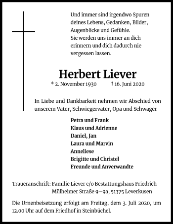 Anzeige von Herbert Liever von Kölner Stadt-Anzeiger / Kölnische Rundschau / Express