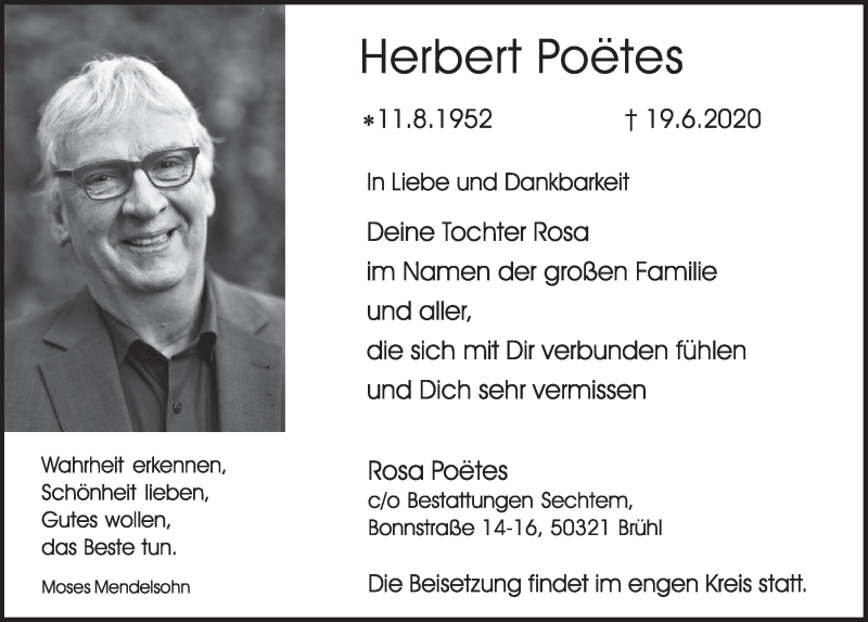  Traueranzeige für Herbert Poëtes vom 26.06.2020 aus  Schlossbote/Werbekurier 