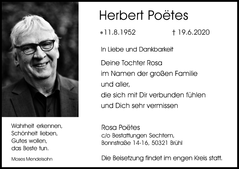  Traueranzeige für Herbert Poëtes vom 26.06.2020 aus Kölner Stadt-Anzeiger / Kölnische Rundschau / Express