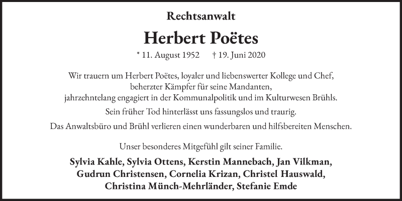  Traueranzeige für Herbert Poëtes vom 26.06.2020 aus  Schlossbote/Werbekurier 