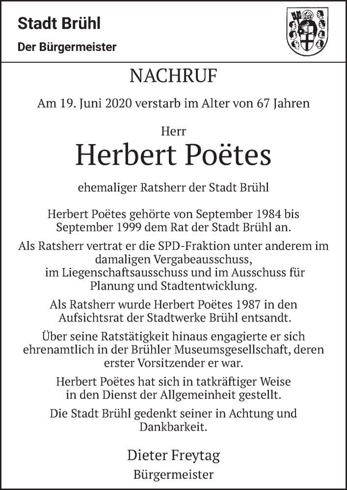  Traueranzeige für Herbert Poëtes vom 26.06.2020 aus  Schlossbote/Werbekurier 