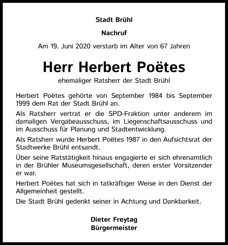  Traueranzeige für Herbert Poëtes vom 27.06.2020 aus Kölner Stadt-Anzeiger / Kölnische Rundschau / Express