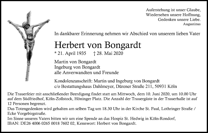  Traueranzeige für Herbert  von Bongardt vom 03.06.2020 aus Kölner Stadt-Anzeiger / Kölnische Rundschau / Express