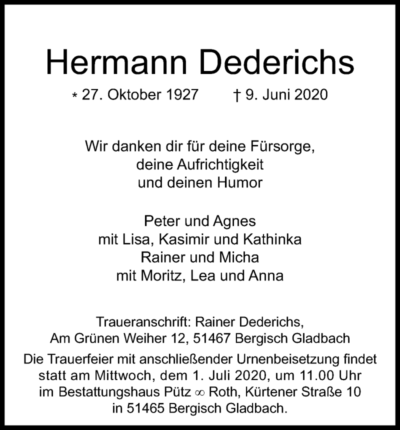  Traueranzeige für Hermann Dederichs vom 20.06.2020 aus Kölner Stadt-Anzeiger / Kölnische Rundschau / Express