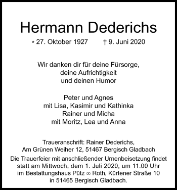 Anzeige von Hermann Dederichs von Kölner Stadt-Anzeiger / Kölnische Rundschau / Express