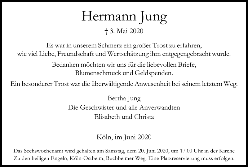 Traueranzeige für Hermann Jung vom 06.06.2020 aus Kölner Stadt-Anzeiger / Kölnische Rundschau / Express