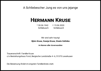 Anzeige von Hermann Kruse von Kölner Stadt-Anzeiger / Kölnische Rundschau / Express