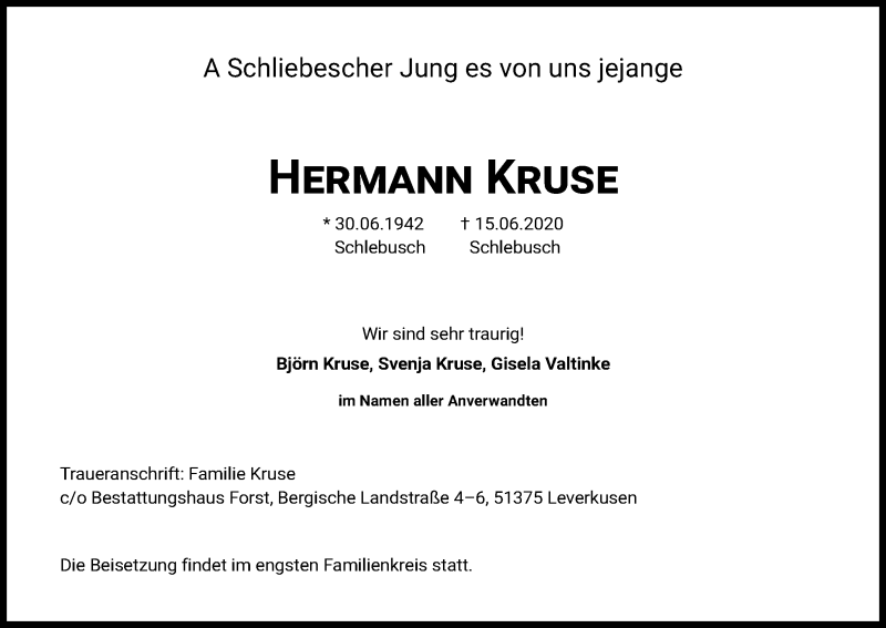  Traueranzeige für Hermann Kruse vom 20.06.2020 aus Kölner Stadt-Anzeiger / Kölnische Rundschau / Express