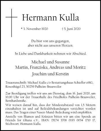 Anzeige von Hermann Kulla von Kölner Stadt-Anzeiger / Kölnische Rundschau / Express