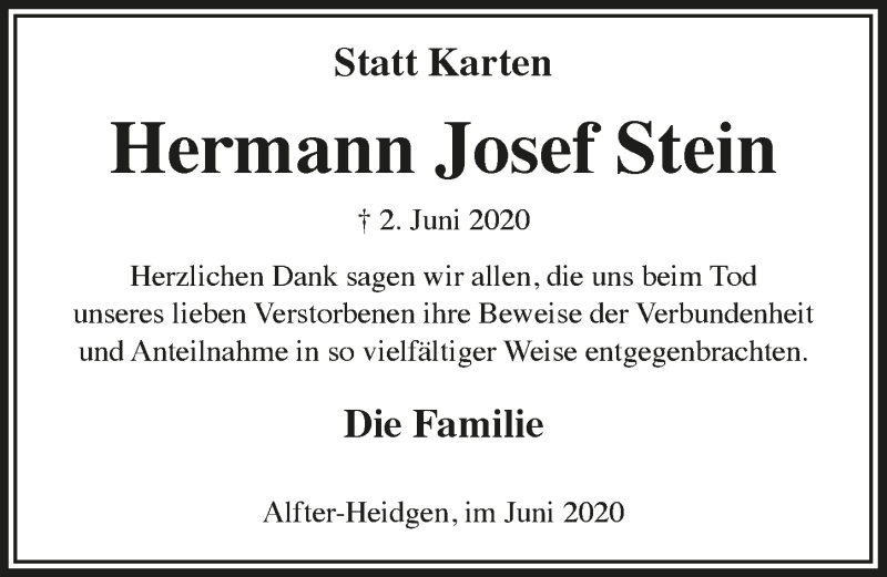  Traueranzeige für Hermann Josef Stein vom 19.06.2020 aus  Schaufenster/Blickpunkt 