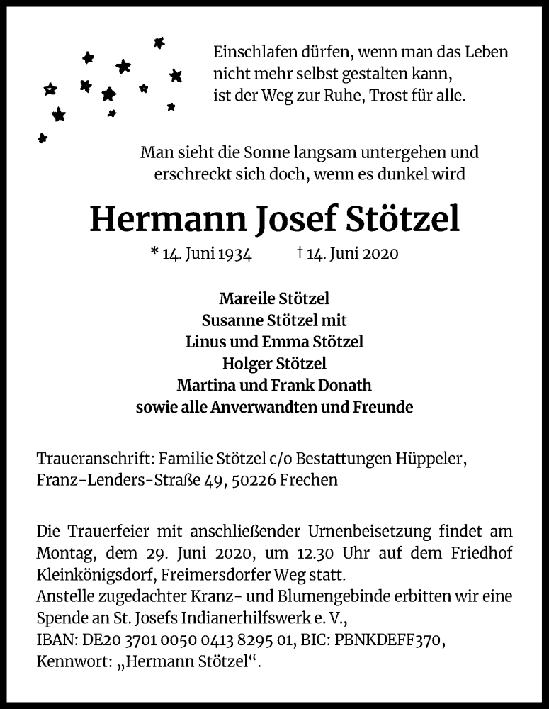  Traueranzeige für Hermann Josef Stötzel vom 20.06.2020 aus Kölner Stadt-Anzeiger / Kölnische Rundschau / Express