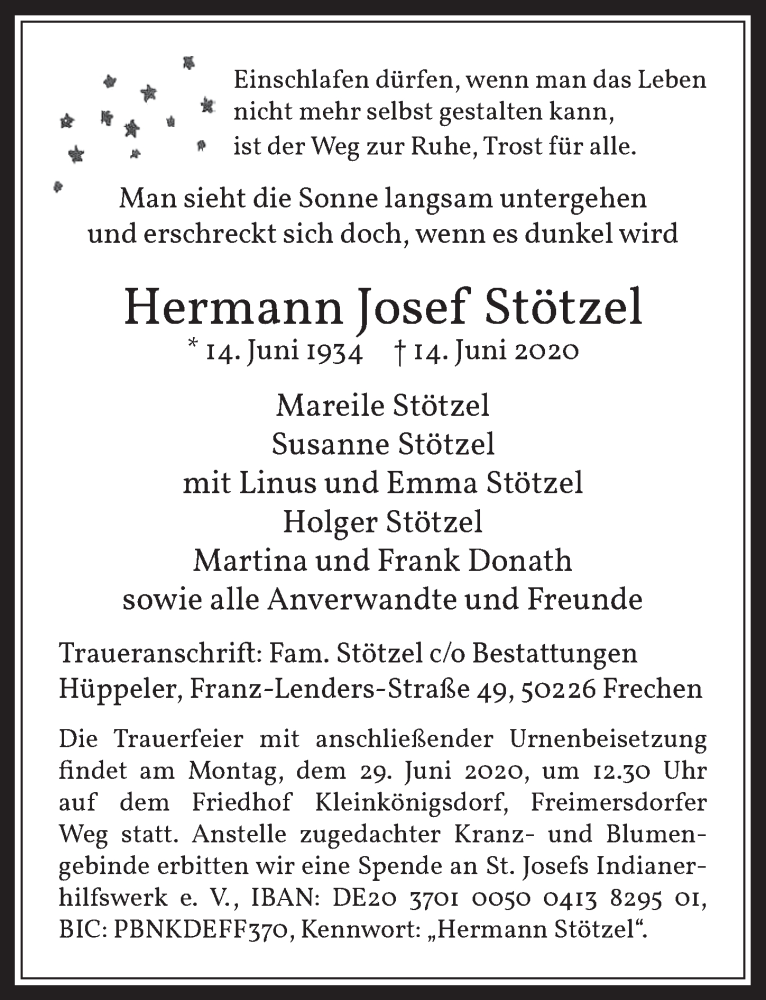  Traueranzeige für Hermann Josef Stötzel vom 19.06.2020 aus  Wochenende 
