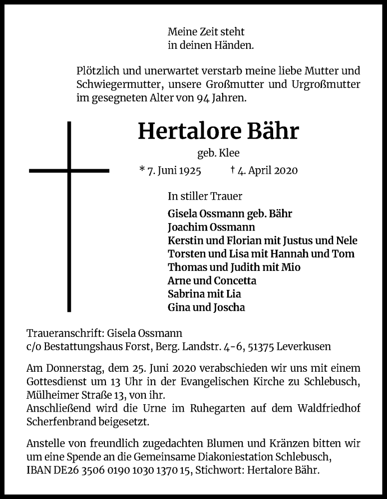  Traueranzeige für Hertalore Bähr vom 20.06.2020 aus Kölner Stadt-Anzeiger / Kölnische Rundschau / Express
