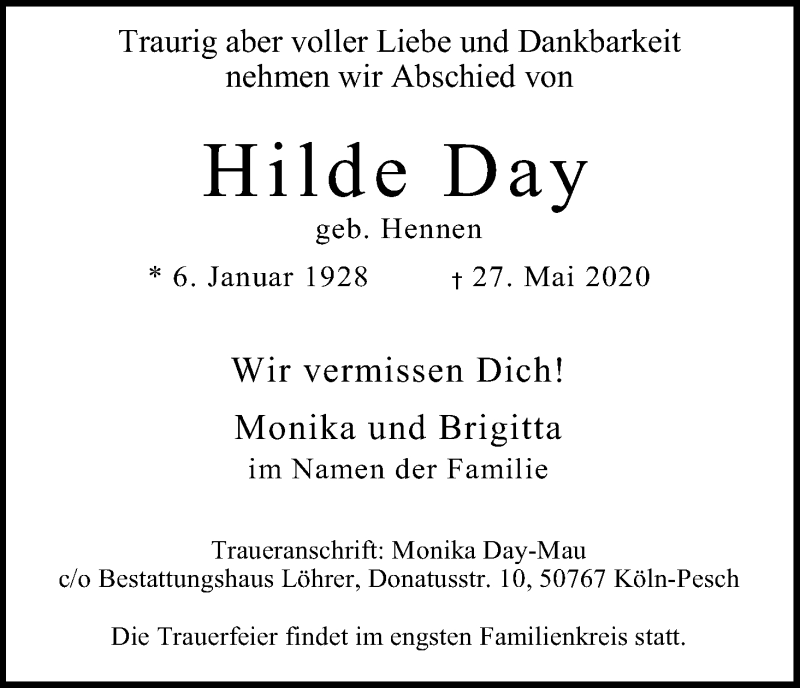  Traueranzeige für Hilde Day vom 06.06.2020 aus Kölner Stadt-Anzeiger / Kölnische Rundschau / Express