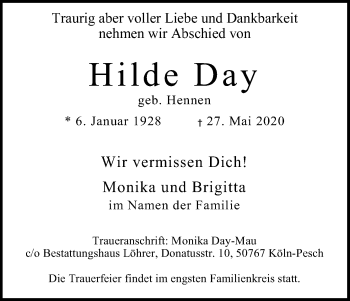 Anzeige von Hilde Day von Kölner Stadt-Anzeiger / Kölnische Rundschau / Express