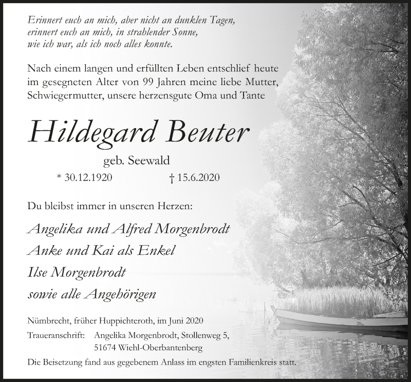  Traueranzeige für Hildegard Beuter vom 26.06.2020 aus  Lokalanzeiger 