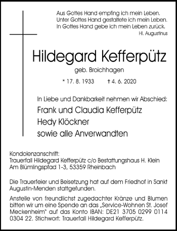 Anzeige von Hildegard Kefferpütz von  Schaufenster/Blickpunkt  Extra Blatt 