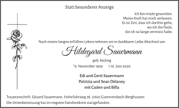 Anzeige von Hildegard Sauermann von  Anzeigen Echo 