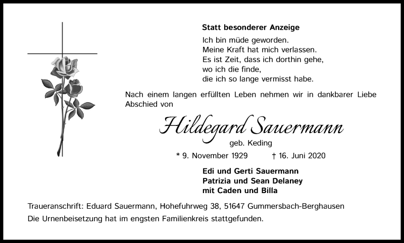  Traueranzeige für Hildegard Sauermann vom 27.06.2020 aus Kölner Stadt-Anzeiger / Kölnische Rundschau / Express