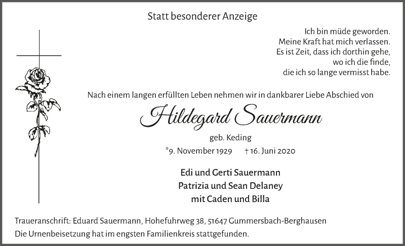  Traueranzeige für Hildegard Sauermann vom 26.06.2020 aus  Anzeigen Echo 