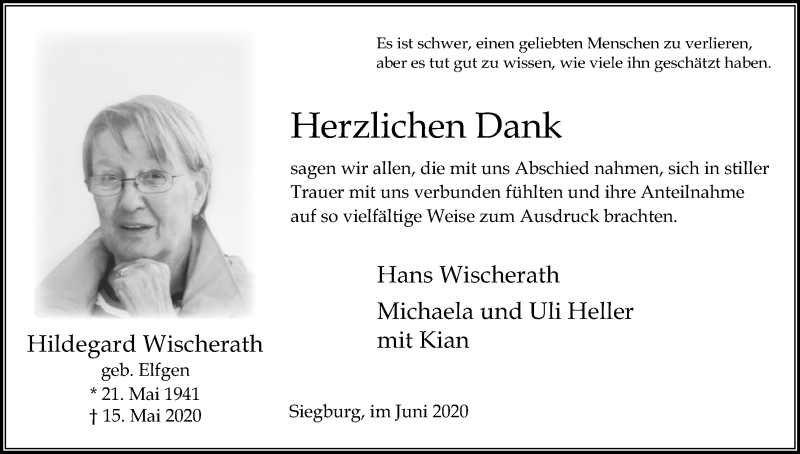  Traueranzeige für Hildegard Wischerath vom 13.06.2020 aus Kölner Stadt-Anzeiger / Kölnische Rundschau / Express