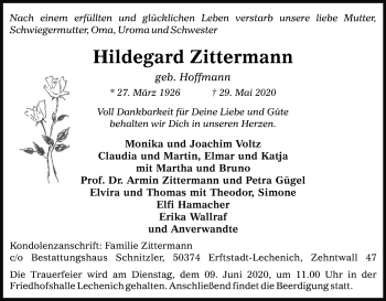 Anzeige von Hildegard Zittermann von Kölner Stadt-Anzeiger / Kölnische Rundschau / Express