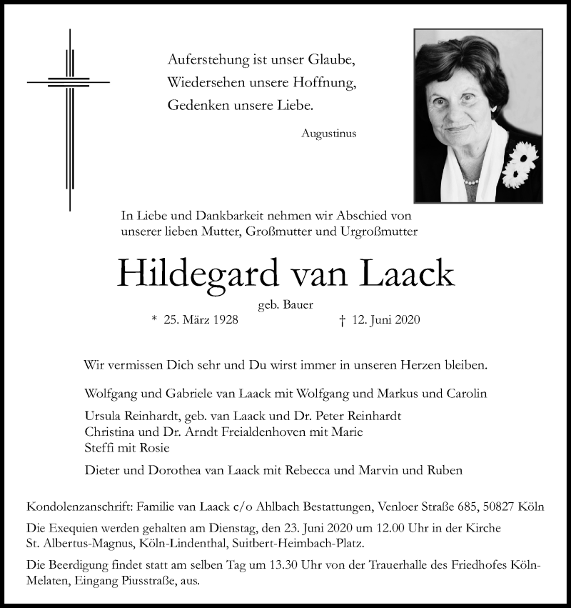  Traueranzeige für Hildegard van Laack vom 20.06.2020 aus Kölner Stadt-Anzeiger / Kölnische Rundschau / Express