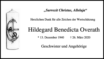 Anzeige von Hildegard Benedicta Overath von Kölner Stadt-Anzeiger / Kölnische Rundschau / Express