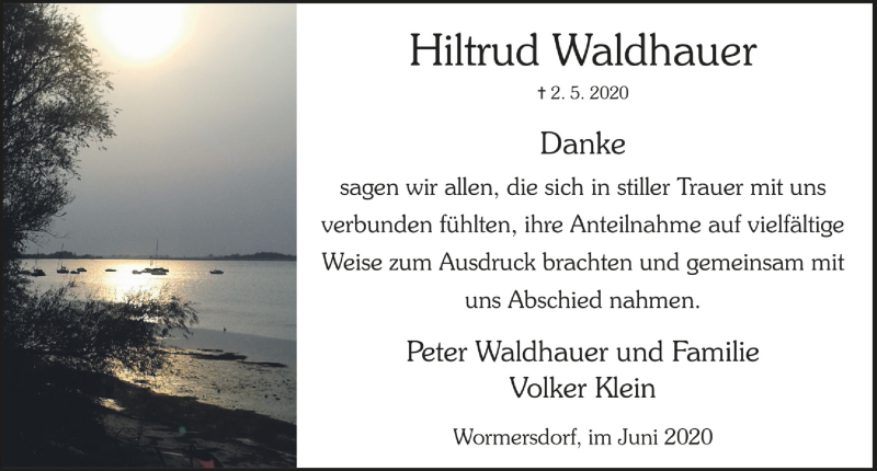  Traueranzeige für Hiltrud Waldhauer vom 12.06.2020 aus  Schaufenster/Blickpunkt 