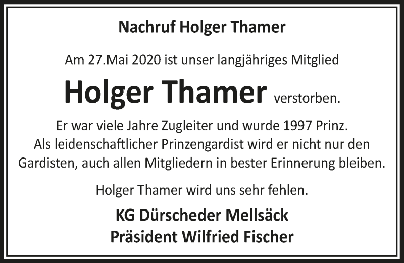  Traueranzeige für Holger Thamer vom 12.06.2020 aus  Bergisches Handelsblatt 