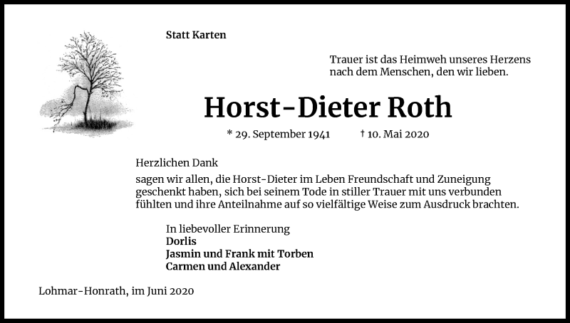  Traueranzeige für Horst-Dieter Roth vom 13.06.2020 aus Kölner Stadt-Anzeiger / Kölnische Rundschau / Express