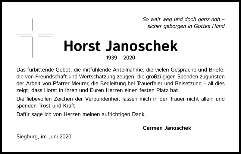  Traueranzeige für Horst Janoschek vom 27.06.2020 aus Kölner Stadt-Anzeiger / Kölnische Rundschau / Express