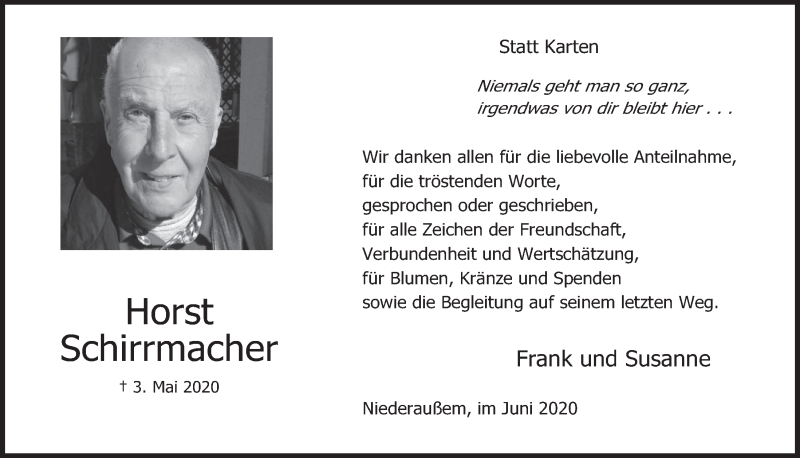  Traueranzeige für Horst Schirrmacher vom 19.06.2020 aus  Werbepost 