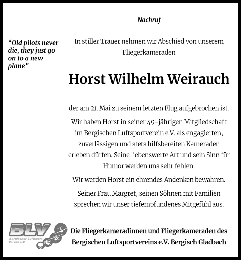  Traueranzeige für Horst Wilhelm Weirauch vom 06.06.2020 aus Kölner Stadt-Anzeiger / Kölnische Rundschau / Express