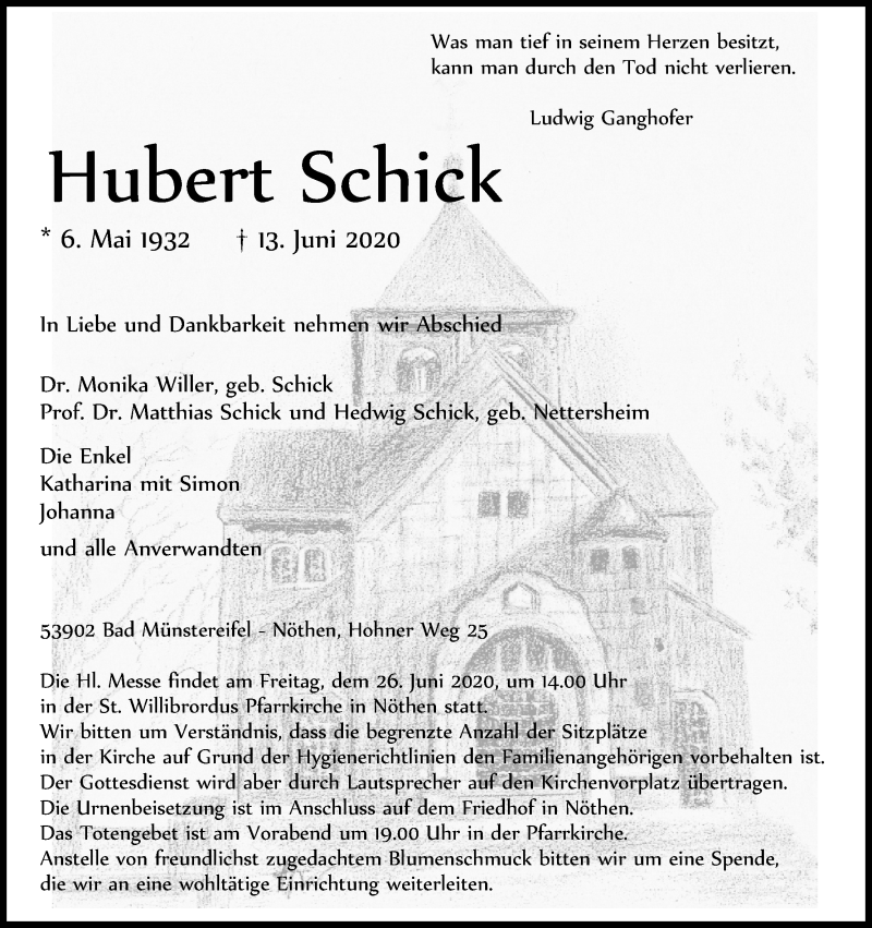  Traueranzeige für Hubert Schick vom 20.06.2020 aus Kölner Stadt-Anzeiger / Kölnische Rundschau / Express