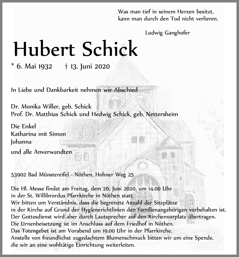  Traueranzeige für Hubert Schick vom 20.06.2020 aus  Blickpunkt Euskirchen 