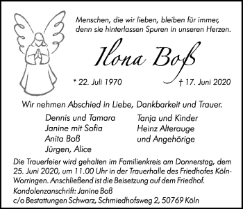 Anzeige von Ilona B0ß von Kölner Stadt-Anzeiger / Kölnische Rundschau / Express