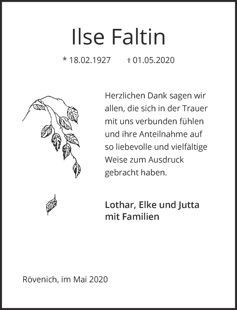  Traueranzeige für Ilse Faltin vom 06.06.2020 aus  Blickpunkt Euskirchen 