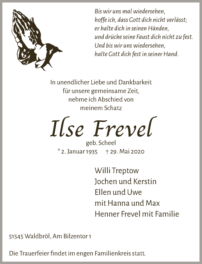  Traueranzeige für Ilse Frevel vom 05.06.2020 aus  Lokalanzeiger 